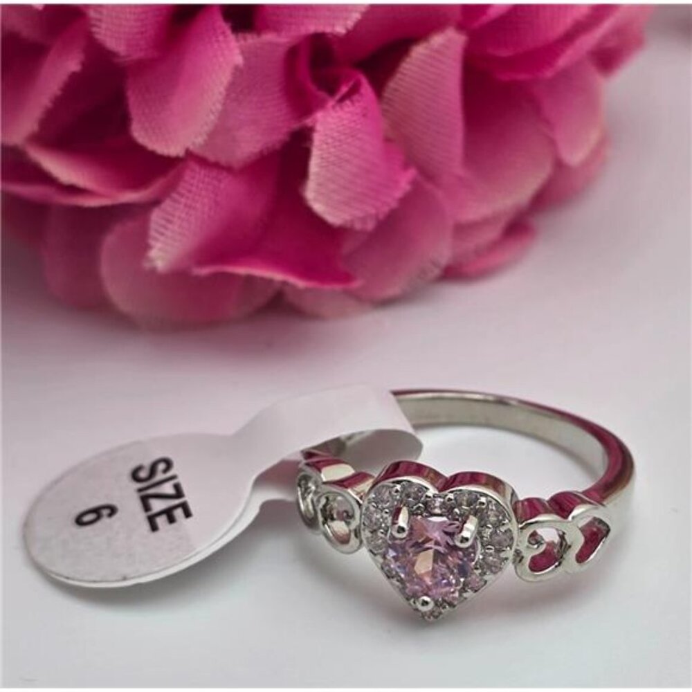Sterling Silver Pink Crystal Heart Ring Clear Halo Size 6 Romantic Promise